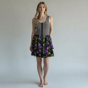 Rosebud Sleeveless Stripe Exposed Front Zip Dress with Floral Tiered Skirt